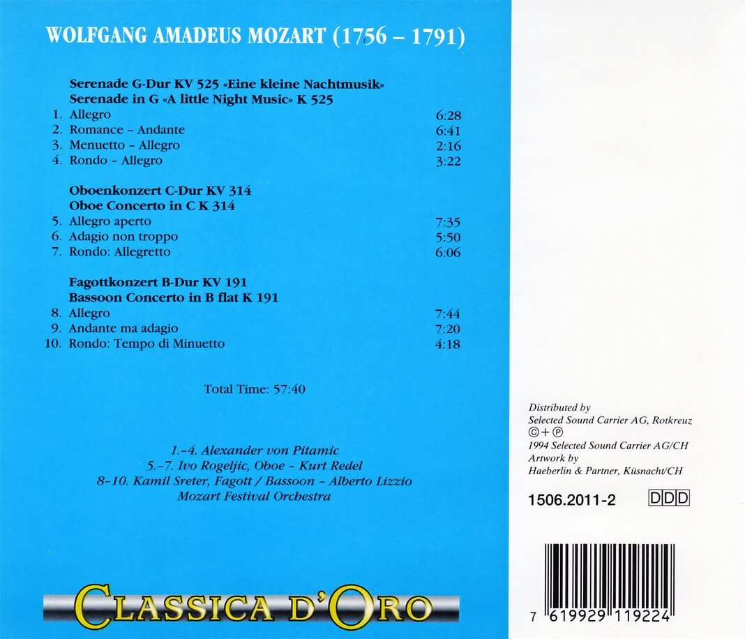 Wolfgang Mozart / Eine Kleine Nachtmusik / Oboe concerto kv 314, Bassoon concerto kv 191